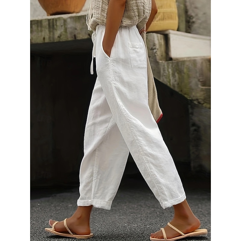 Women's Cotton Linen Shorts Linen-Inspired Pants Cotton Linen Pants Simple Classic & Timeless Full Length High Waist Solid Color Patchwork Pocket Drawstring Comfy Quick Dry Breathability Micro-elastic3