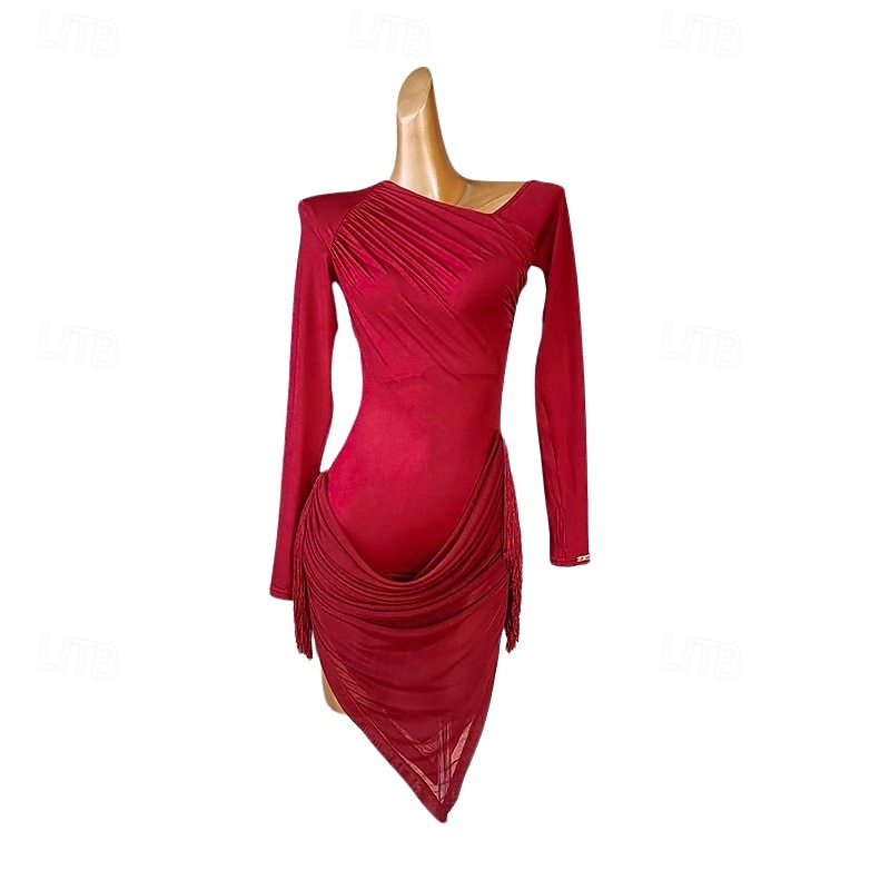 Latin Salsa Dance Dress Tassel Splicing Women's Performance Training Long Sleeve Polyester Mesh