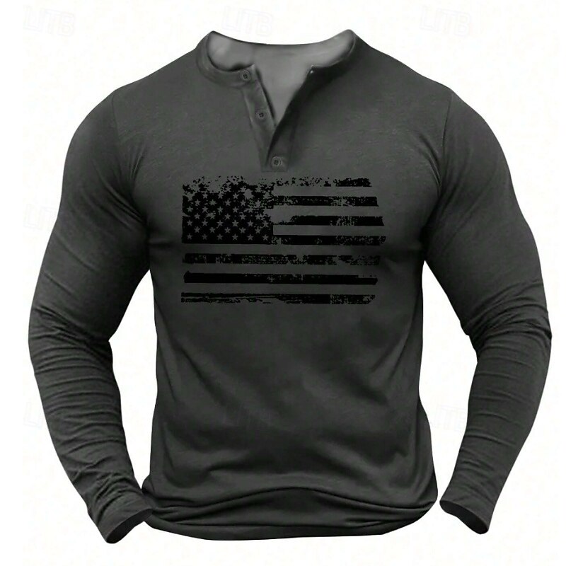 Men's American US Flag Henley Shirt T shirt Tee Long Sleeve Vintage Fashion Comfortable Casual Daily Spring &  Fall Matt gray Black Khaki Light Grey Henley Henley T-Shirt2