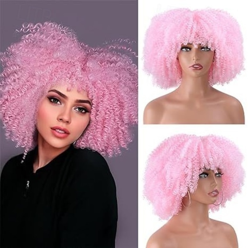 Afro Curly Wig with Bangs Synthetic Afro Wigs for Women Heat Resistant Short Kinky Curly Wigs for Daily Party3