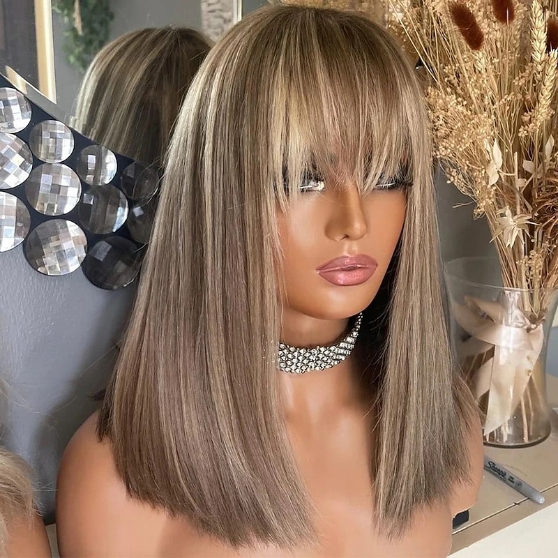 Brazilian Virgin Hair Straight Highlight Colored Glueless 5x5 Lace Closure wigs with Bangs 13x4 Lace Front Wig for Women