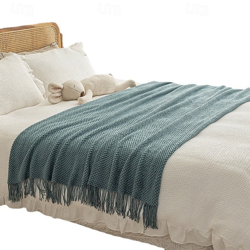 Throw Blanket with Tassel, Knit Throw Blankets Soft Cable Knitted Throw Blankets for Couch Stripe Spring Fall Blanket for Bed Sofa Cozy Lightweight Throw Blankets Scarf for Girls Boys2