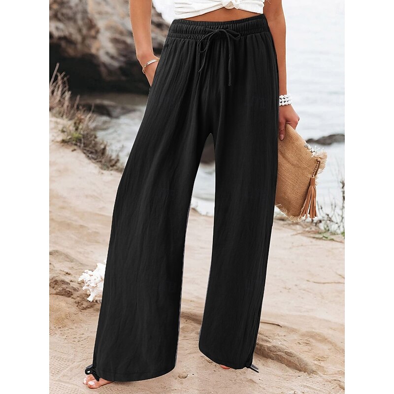 Women's Wide Leg Chinos Fashion Streetwear Full Length High Waist Plain Pocket Elastic Waistband Comfy Soft Comfortable Micro-elastic Outdoor Street Black Green Apricot Summer Spring Regular Fit2