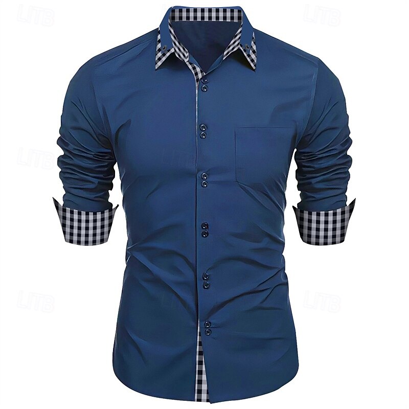 Men's Shirt Dress Shirt Button Up Shirt Plaid Wedding Party Black White Pink Wine Long Sleeve Lapel Spring &  Fall Clothing Apparel Patchwork