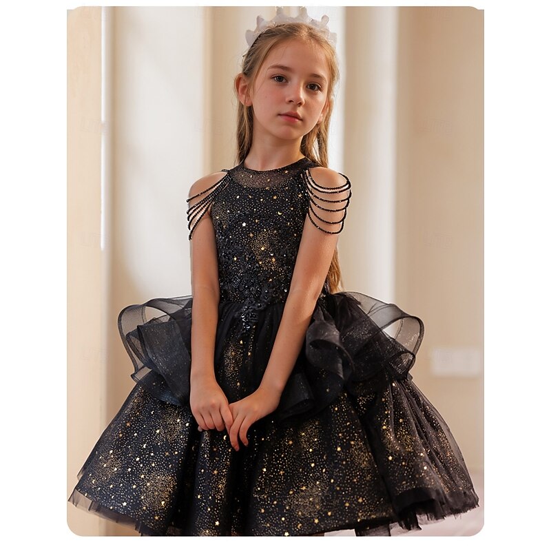 Princess Knee Length Flower Girl Dress Pageant & Performance Girls Cute Prom Dress Sequined with Solid Color Tiered Plisse Fit 3-16 Years3