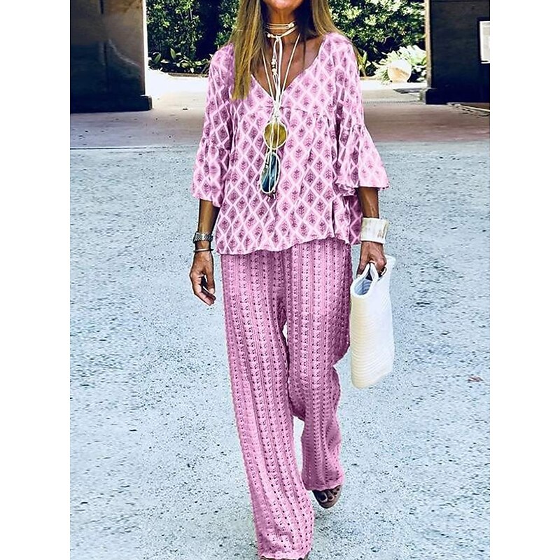 Women's Vacation Fashion T Shirt Trousers Long Sleeve Crew Neck Graphic Patchwork Outdoor Yellow Blue Purple Spring &  Fall Regular Fit