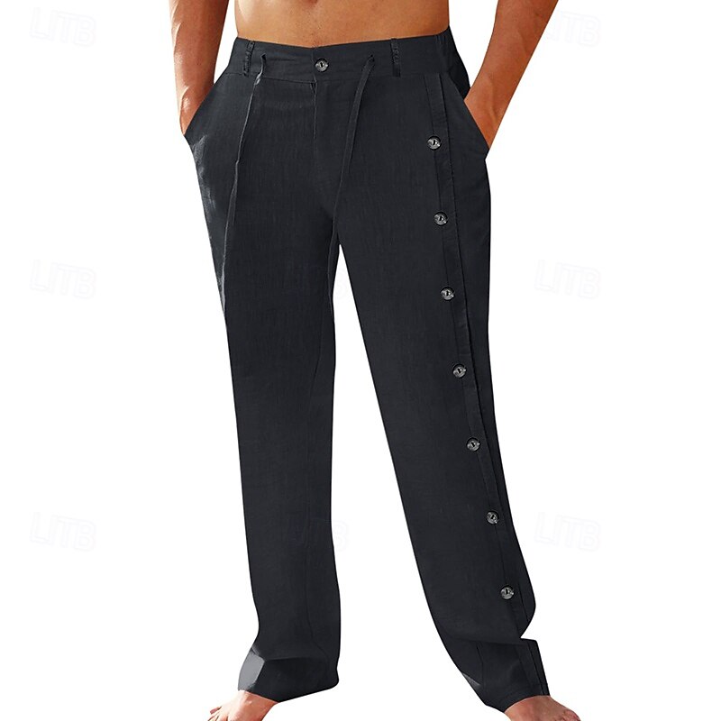 Men's Linen Pants Trousers Summer Pants Beach Pants Drawstring Side Button Straight Leg Plain Comfort Breathable Full Length Outdoor Daily Holiday Fashion Classic Style Black White2