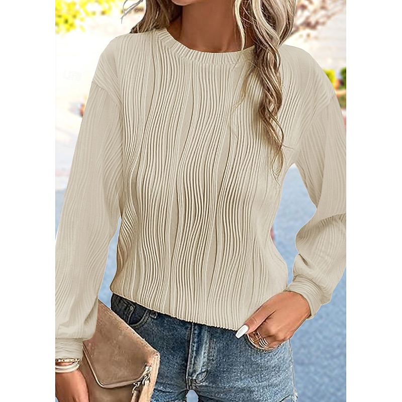 Women's Shirt Blouse Solid Color Basic Casual Long Sleeve Crew Neck Regular Tops Daily Patchwork Black White Beige Fall Winter3