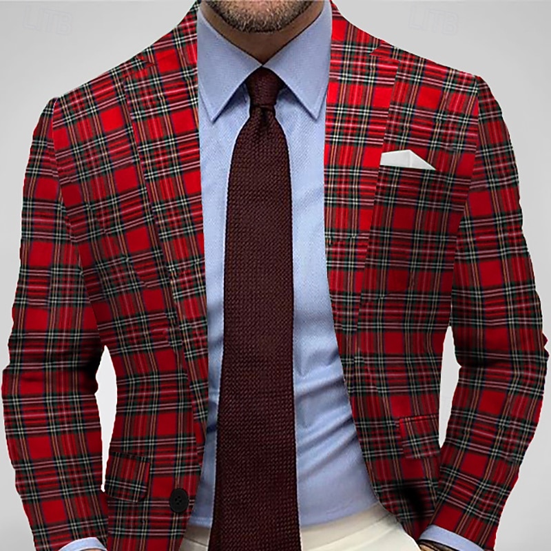 Men's Blazer Jacket Sport Coat Notch Collar Fashion Plaid Blazer Red Standard Fit Single Breasted One-button3