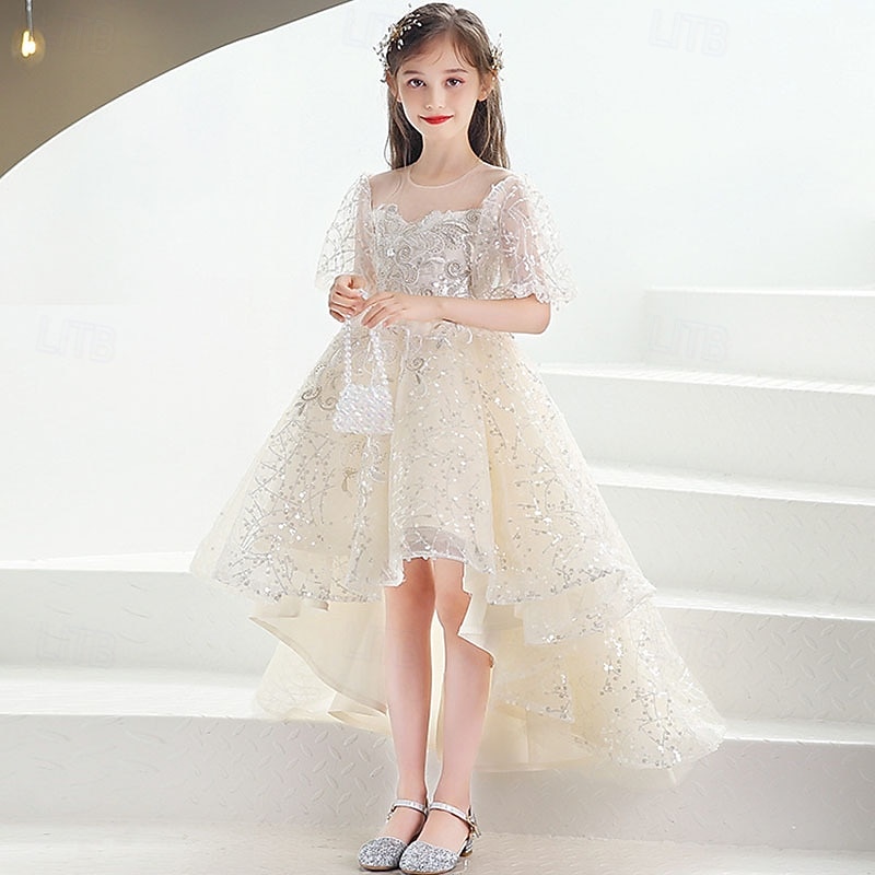 Flower Girl Dress Kid's Girls' Princess Dress Performance Wedding Party Elegant Beautiful Sequins Mesh Solid Color Short Sleeve Crew Neck Champagne 4 years+