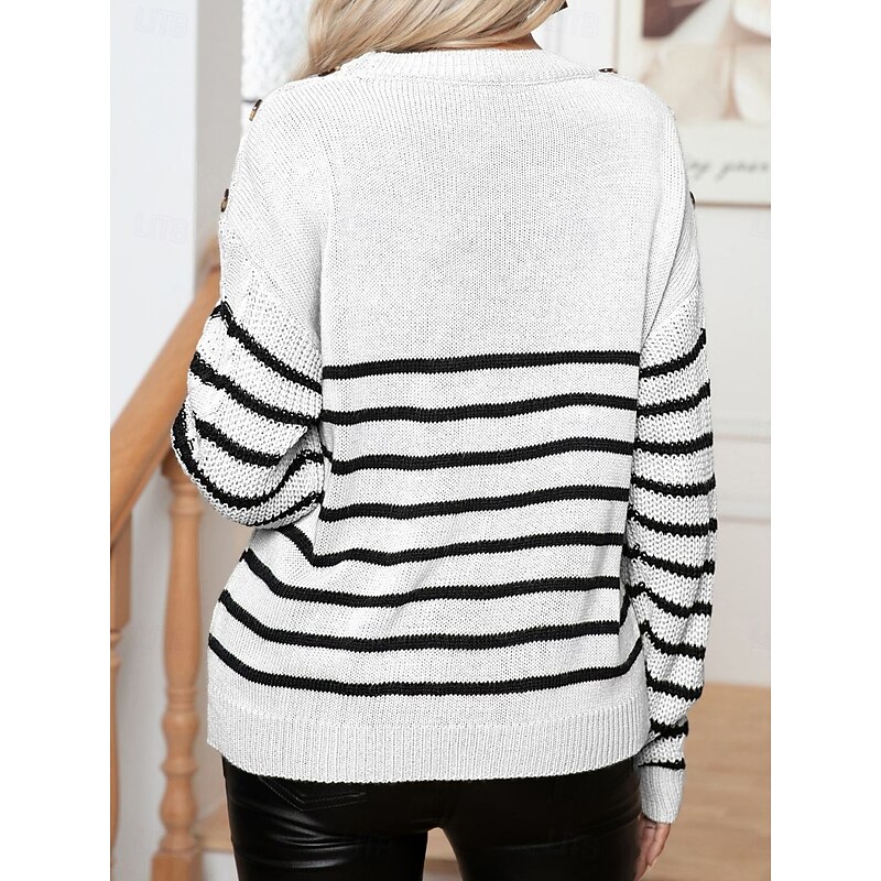 Women's Sweater Casual Soft Striped Cable Crew Neck Knitted Long Sleeve Regular Tops Knit Outdoor Daily Weekend White Apricot Fall Winter2