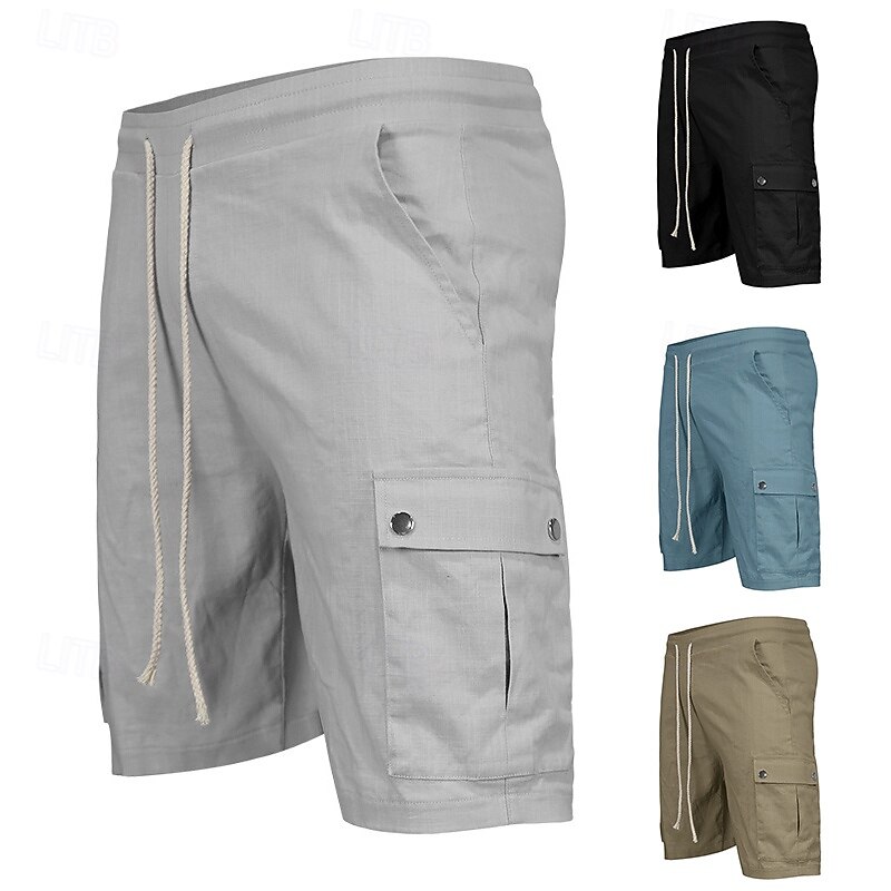 Men's Cargo Shorts Shorts Linen Shorts Summer Shorts Beach Shorts Drawstring Elastic Waist Multi Pocket Plain Comfort Breathable Knee Length Outdoor Daily Going out Fashion Classic Style Black Sky