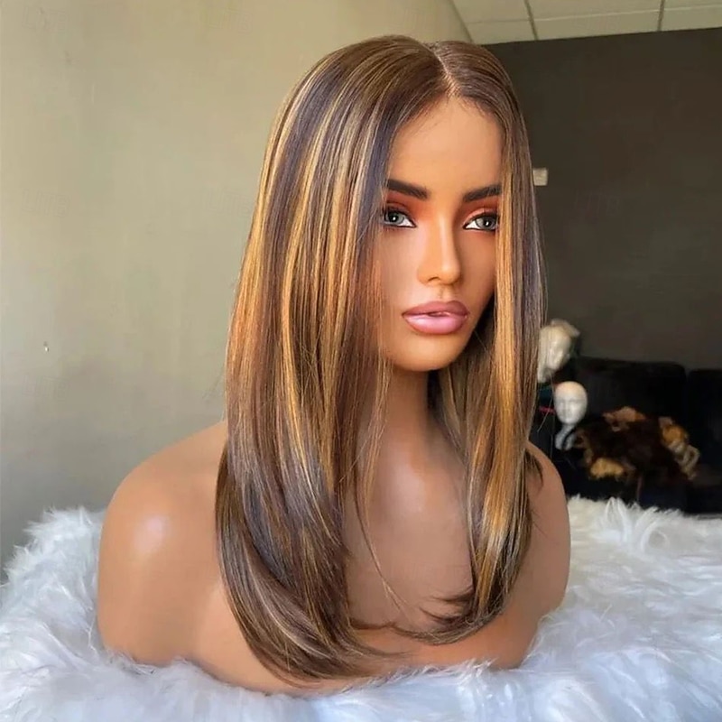 Human Hair 5x5 Closure 13x4 Lace Front Wig Middle Part Brazilian Hair Straight Brown Multi-color Wig 130% 150% Density Highlighted / Balayage Hair Glueless Pre-Plucked For Women Long Human Hair Lace2