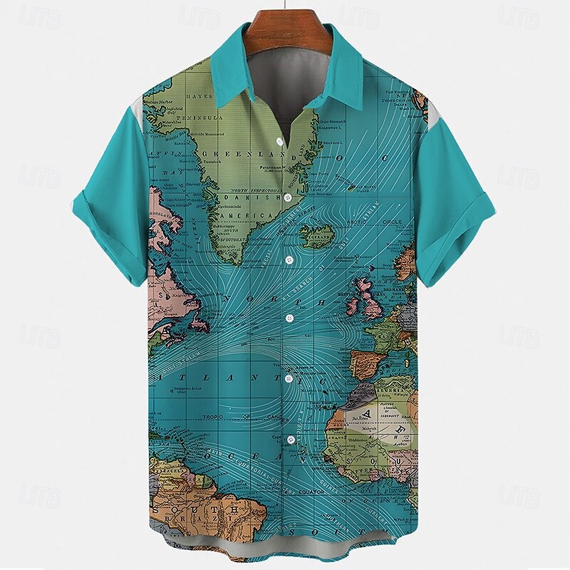 Men's World Map Casual Shirt Button Up Shirt Short Sleeve Casual Casual Summer Spring Turndown Button Up Blue Orange