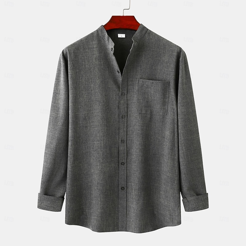 Men's Shirt Linen Shirt Band Collar Shirt Button Up Shirt Plain Vacation Holiday Purple Khaki Gray Long Sleeve Band Collar Summer Spring &  Fall Clothing Apparel
