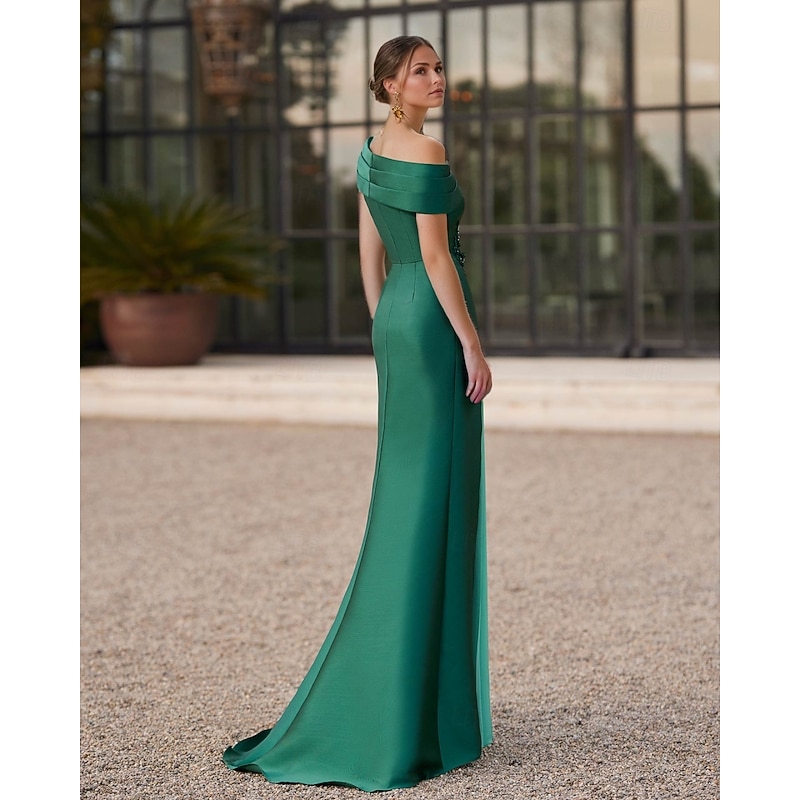Mermaid / Trumpet Evening Gown Elegant Pleated Dress Formal Satin Wedding Floor Length Short Sleeve One Shoulder Slit Embroidery Appliques2