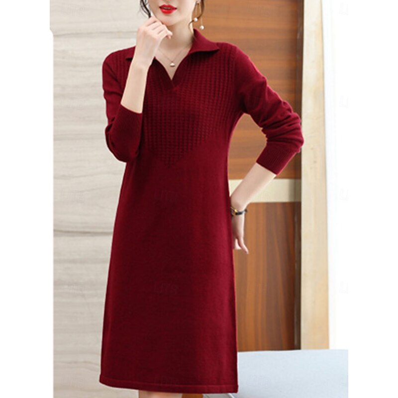 Women's Valentine Sweater Dress Plain Midi Dress Long Sleeve Shirt Collar Regular Fit Vacation Stylish Basic Casual Daily Red Blue Khaki Fall Winter4