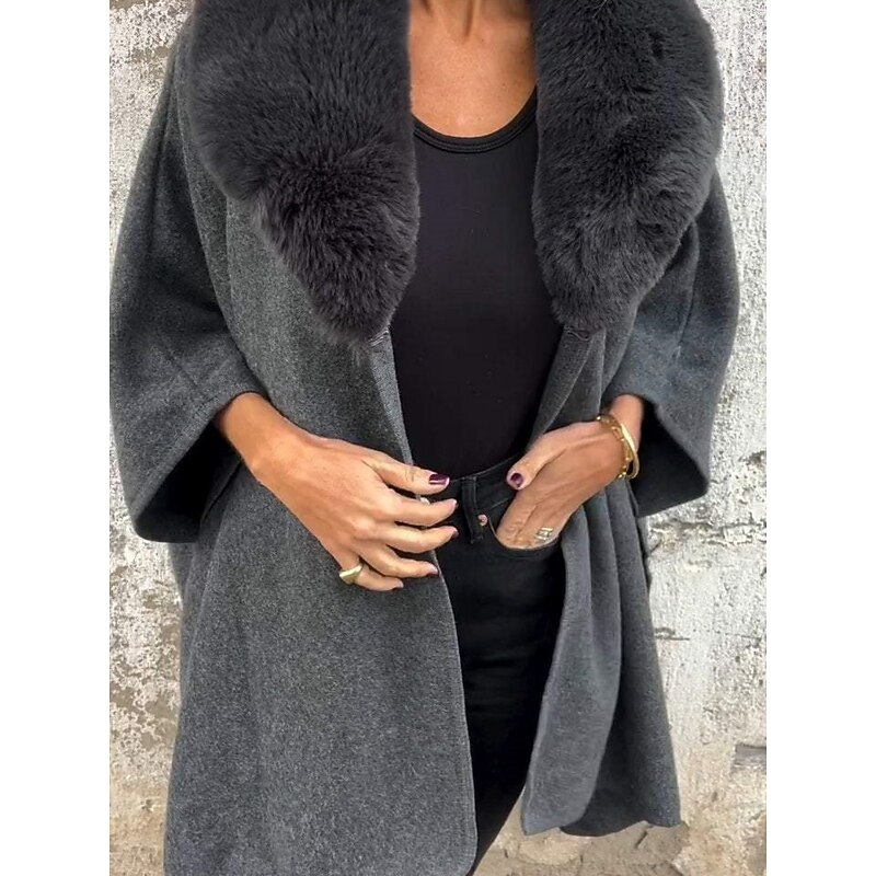 Women's Cloak / Capes Outdoor Street Daily Fall Winter Regular Coat Regular Fit Warm Breathable Comtemporary Stylish Jacket 3/4 Length Sleeve Solid Color Fur Collar Black Khaki Gray4