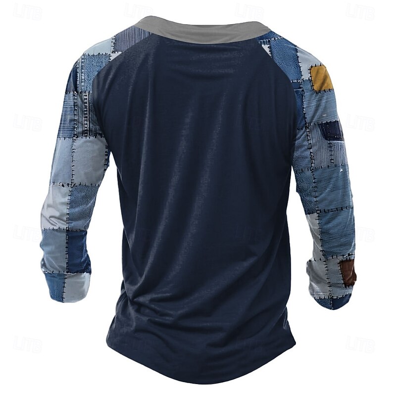 Men's Graphic Patchwork T Shirt Henley Shirt Tee Long Sleeve Designer Basic Classic Outdoor Daily Sports Spring &  Fall Black Light Gray Navy Blue Henley Henley T-Shirt2