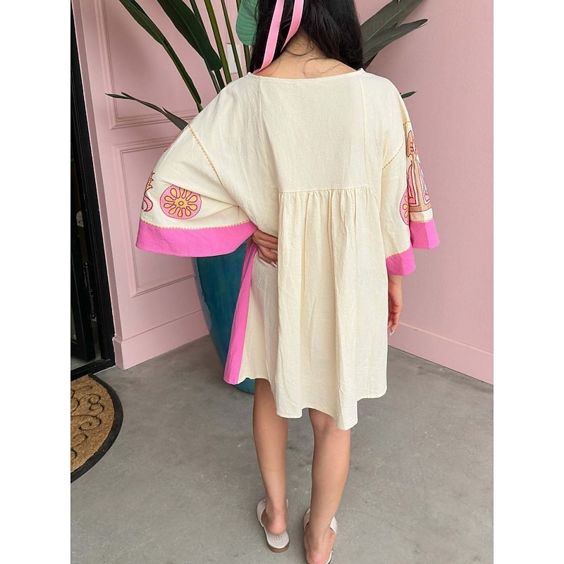 Women's Mini Dress Petite Dress Casual Dress Boho Dress Bohemia Vintage Casual Vacation Daily Regular Fit Floral 3/4 Length Sleeve V Neck Fuchsia Orange Green Spring Fall2