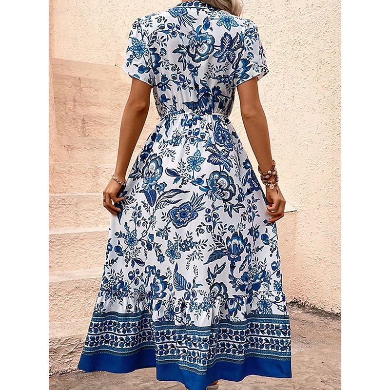Women's Normal Maxi Dress Boho Chic Dresses Boho Dress Bohemia Vacation Beach Regular Fit Graphic Short Sleeve V Neck Blue Summer4