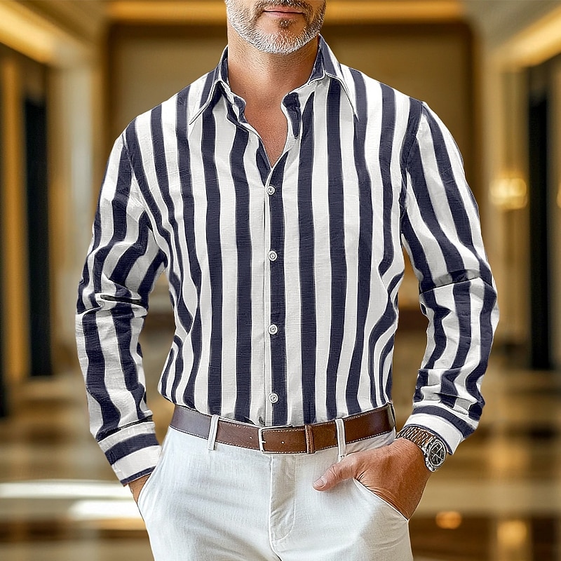 Men's Shirt Linen Shirt Cotton Linen Shirt Summer Shirt Dress Shirt Striped Business Casual Daily Yellow Pink Navy Blue Green Long Sleeve Turndown Spring &  Fall Clothing Apparel Button-Down4