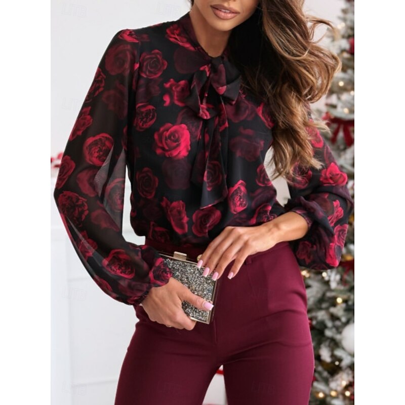 Women's Shirt Blouse Floral Casual Long Sleeve Turtleneck Regular Tops Daily Buttons Print Black Red Gray Spring &  Fall4