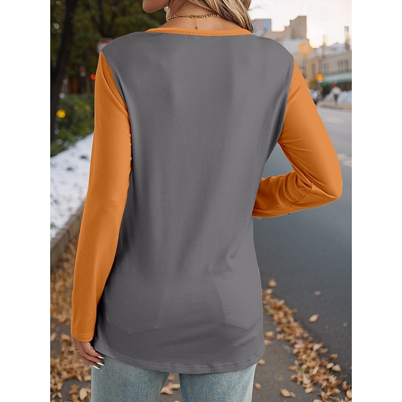 Women's T shirt Crew Neck Long Sleeve Tunic Cat Casual  Regular Tops Valentine's Day Daily Print Orange Spring Fall2