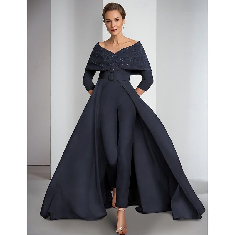 Jumpsuit Mother of the Bride  Elegant Vintage Off Shoulder Floor Length Stretch Fabric 3/4 Length Sleeve with Sequin Appliques2