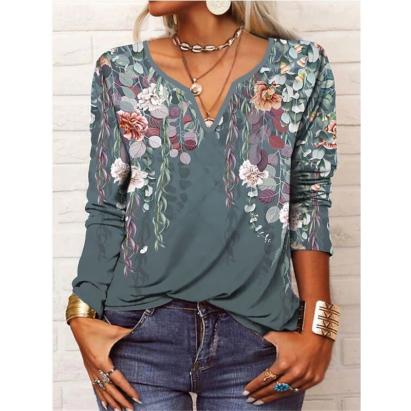 Women's T Shirt Floral Daily Basic Long Sleeve V Neck Regular Tops Holiday Weekend Buttons Print Black Pink Red Purple Green Fall & Winter