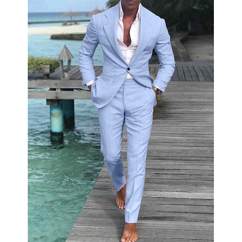 Men's Wedding Beach Linen Suits Closure collar Light Blue pea green Solid Colored Tailored Fit 2 Piece Single Breasted One-button4