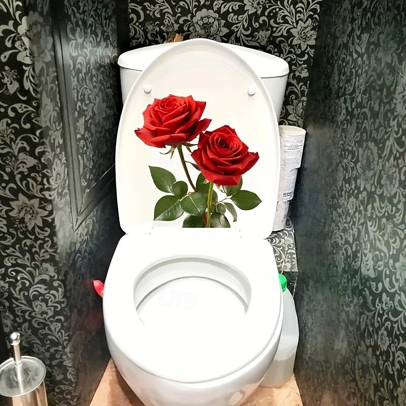 Red Rose Romantic Toilet Sticker, Bathroom Toilet Seat Decorative Sticker, Bathroom Decorative Wall Sticker, Bathroom Decoration, Home Decoration2