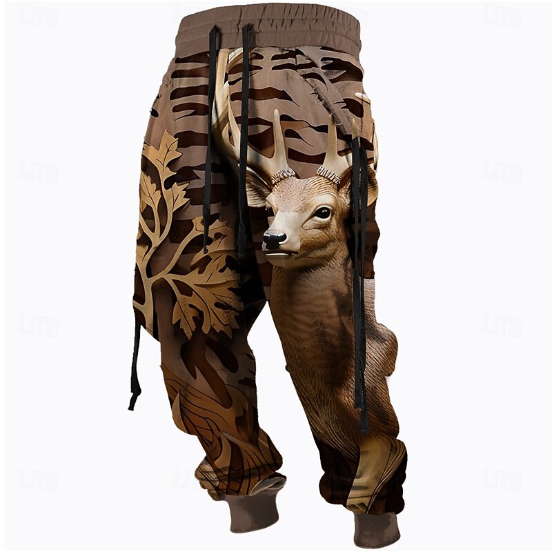 Men's Optical Illusion Hunting Deer Sweatpants Trousers Mid Waist Drawstring Elastic Waist Active Vintage Casual Outdoor Streetwear with Pockets Spring Fall 3D Print Black Brown