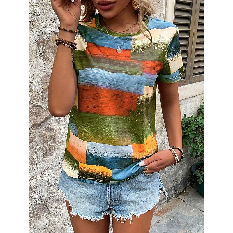 Women's T Shirt Geometric Casual Short Sleeve Round Neck Regular Tops Daily Print Green Summer4