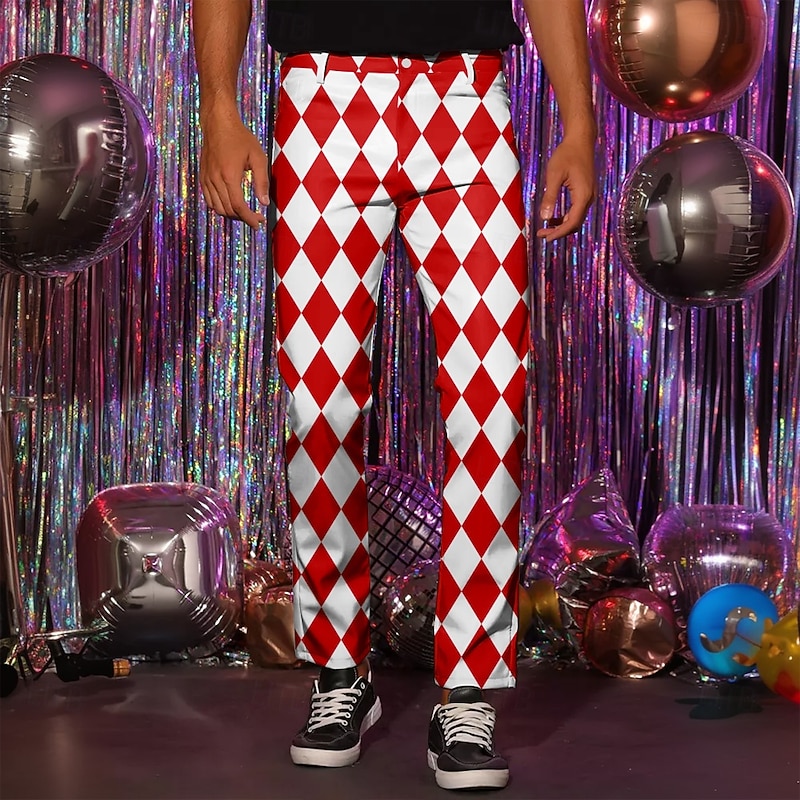 Men's Plaid / Check Rhombus Dress Pants Mid Waist Casual Outdoor Vacation Home Zipper Pocket Summer Spring Fall 3D Print Black Red Blue
