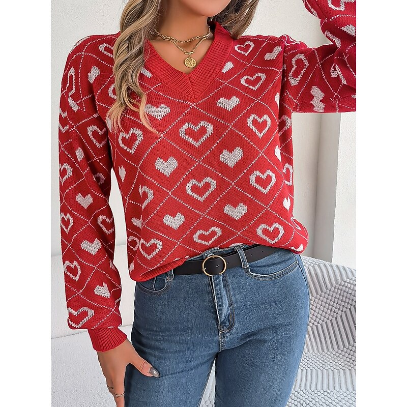 Women's Sweater Casual Soft Heart Ribbed V Neck Knitted Long Sleeve Regular Tops Knit Outdoor Daily Weekend Pink Red Fall Winter3