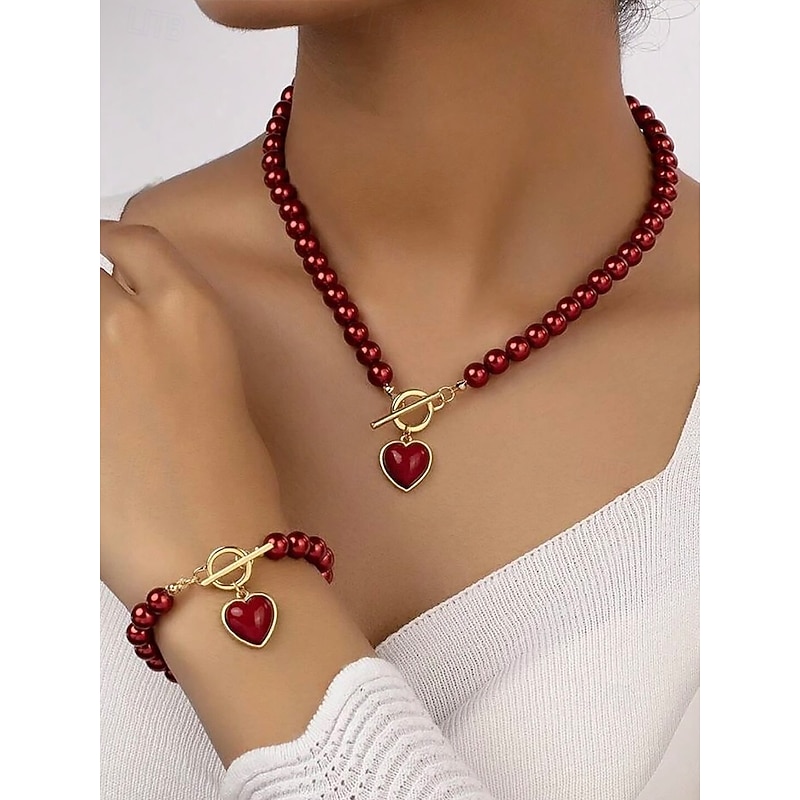 Women's Red Pearl Necklace and Bracelet Set with Heart Pendant, Gold-Tone Clasp Design, Elegant Jewelry for Valentine's Day Gift, Weddings, and Special Occasions2
