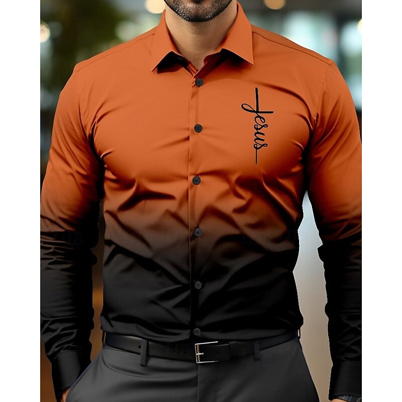 Men's Shirt Summer Shirt Casual Shirt Beach Shirt Button Up Shirt Red Blue Orange Long Sleeve Gradient Cross Lapel Vacation Hawaiian Button-Down Clothing Apparel Polyester Fashion Casual Comfortable2