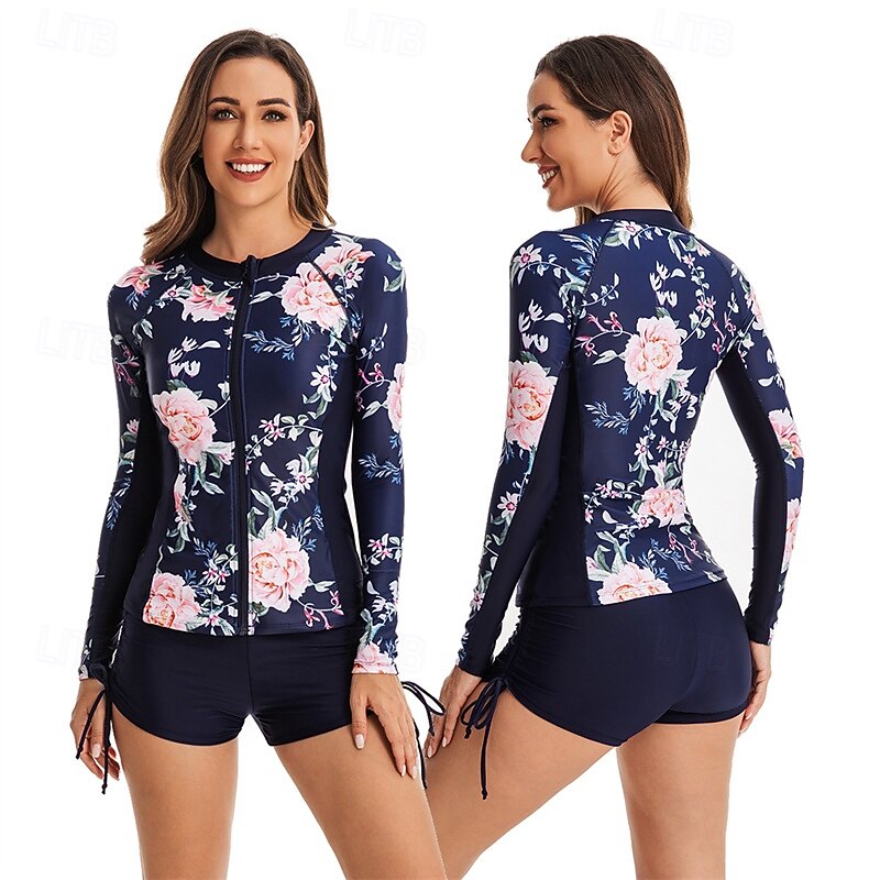 Women's Rash guard Swimsuit UV Sun Protection UPF50+ Lightweight Long Sleeve Spandex Swimwear Swimsuit 2 Piece Front Zip Swimming Surfing Beach Water Sports Floral Summer Spring Autumn