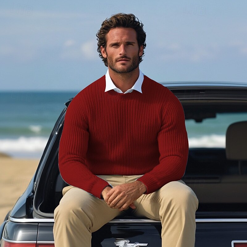 Men's Christmas Sweaters Sweater Pullover Sweater Jumper Waffle Knit Classic Style Solid Color Crew Neck Christmas Elegant Formal Home Clothing Apparel Bishop Sleeve Fall Winter Wine Pumpkin M L XL2