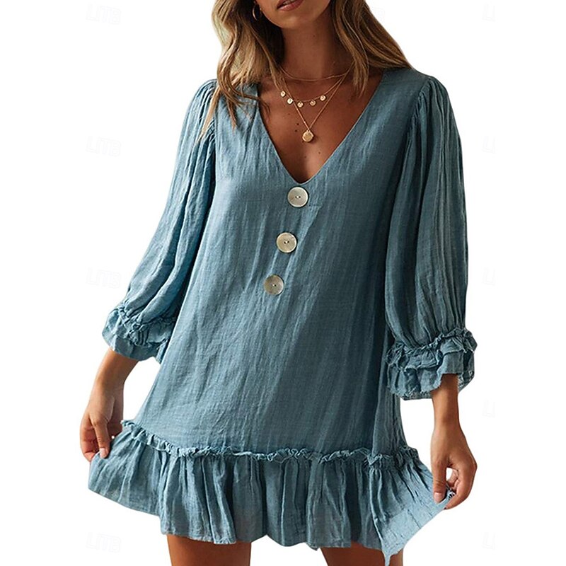 Women's Casual Dress Midi Dress Patchwork Hawaiian Casual V Neck Black Blue Beige Color