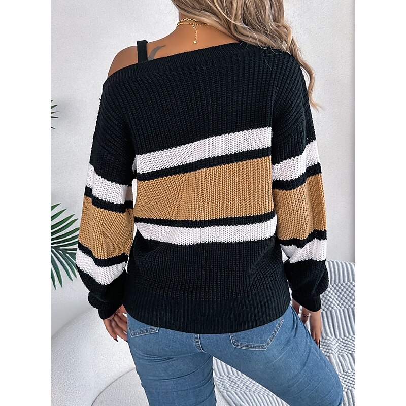 Women's Sweater Casual Soft Striped Ribbed One Shoulder Knitted Cold Shoulder Long Sleeve Regular Tops Knit Outdoor Daily Weekend Orange Khaki Fall Winter2