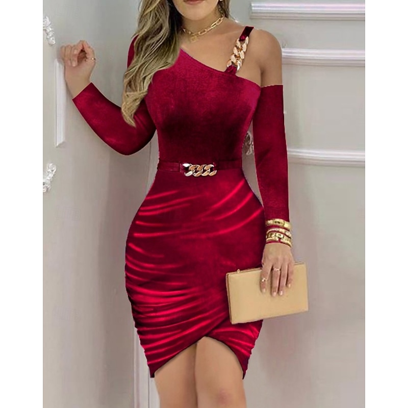 Women's Elegant Dress Midi Dress Ruched Cold Shoulder Date Elegant One Shoulder Long Sleeve Red Blue Green Color