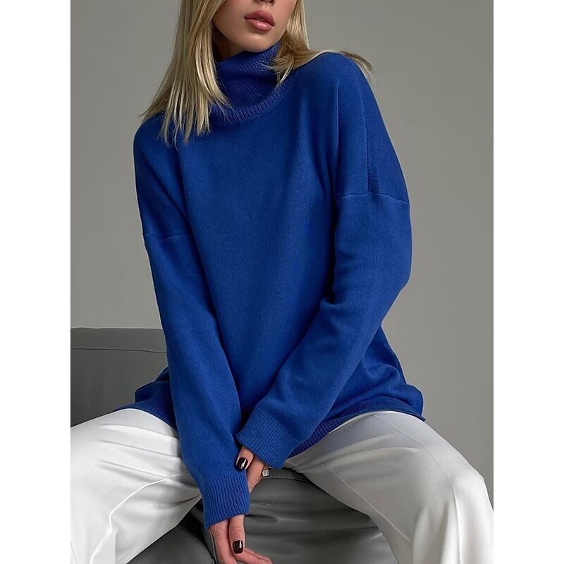 Women's Sweater Casual Soft Pure Color Ribbed Turtleneck Split Knitted Long Sleeve Regular Tops Knit Outdoor Daily Weekend Royal Blue Green Fall Winter
