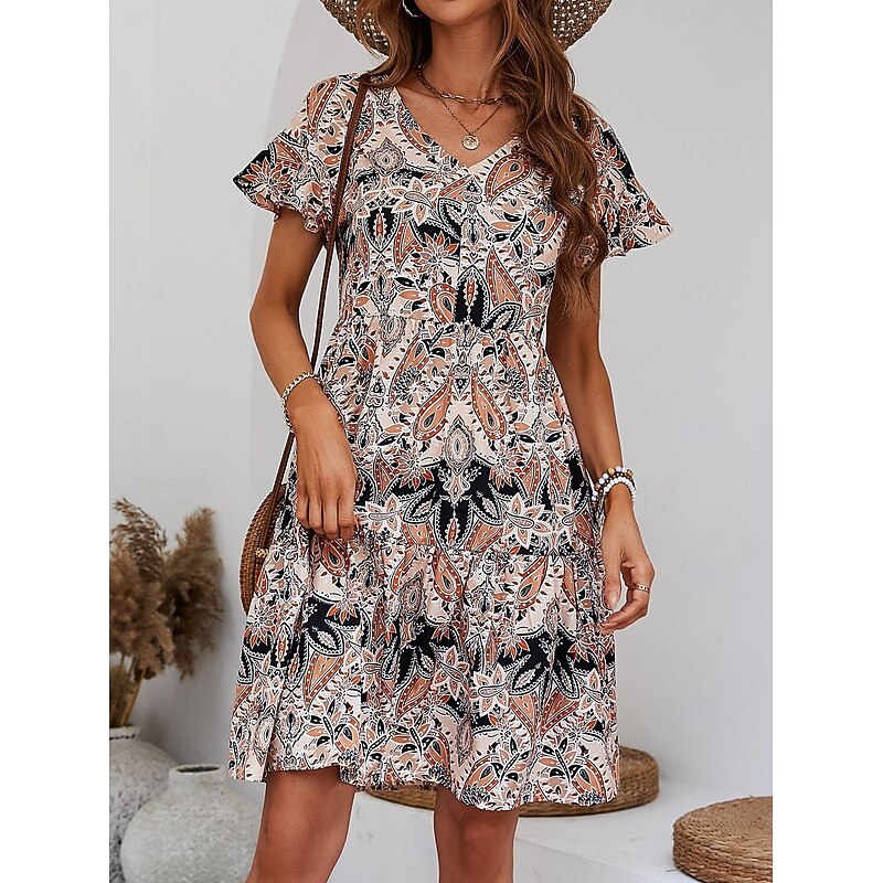 Women's Mini Dress Petite Dress Casual Dress A Line Dress Boho Dress Vintage Stylish Casual Vacation Daily Regular Fit Paisley Short Sleeve V Neck Black Wine Spring Fall
