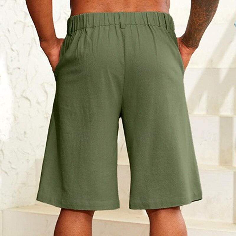 Men's Linen Shorts Summer Shorts Bermuda shorts Buttons Pocket Straight Leg Plain Comfort Breathable Short Business Designer Stylish White Army Green3