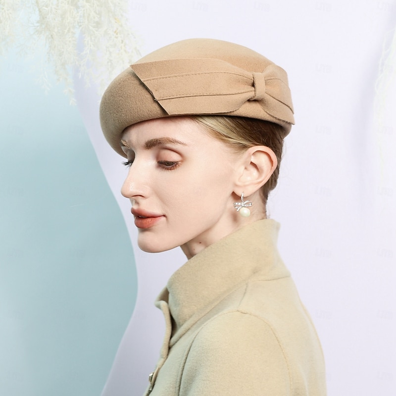 Hats 100% Wool Beret Hat Bowler / Cloche Hat Wedding Tea Party Elegant With Bowknot Pure Color Headpiece Headwear3