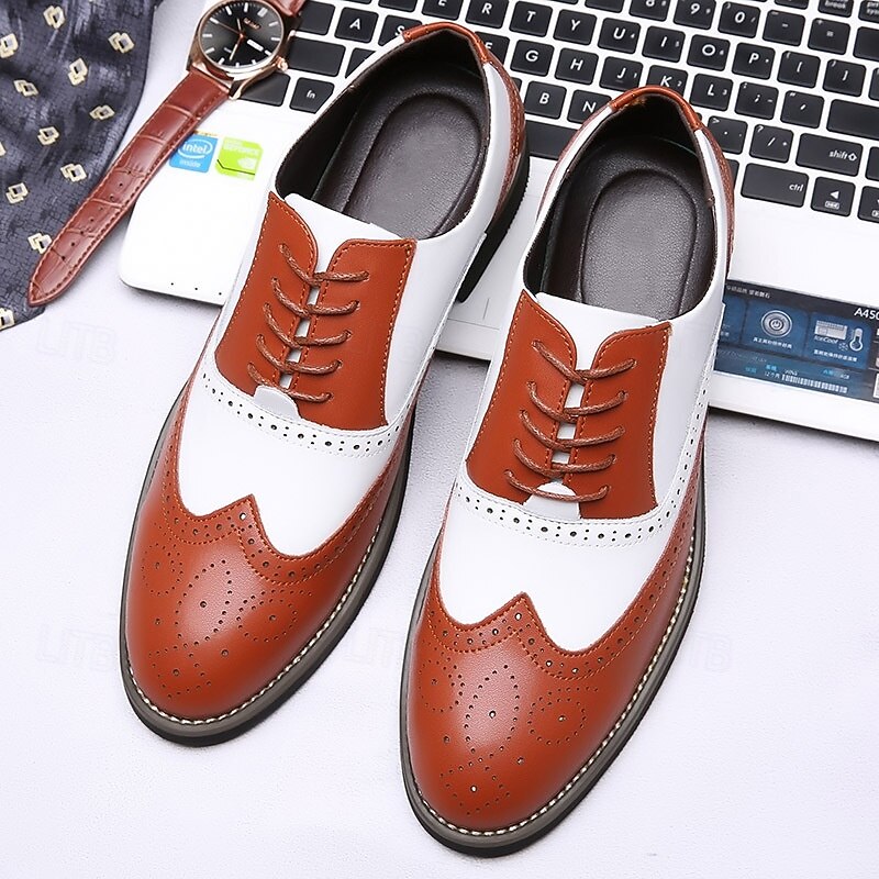 Men's Two-Tone Oxford Brogue Wingtip Dress Shoes in White and Chestnut Brown, Gatsby-Inspired Vintage Leather Spectator Shoes for 1920s Party, Wedding, and Formal Events2