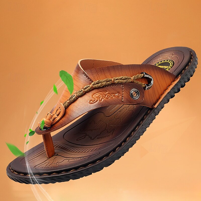 Men's Vintage Faux Leather Flip-Flops – Casual Summer Sandals with Braided Strap for Beach and Outdoor Wear3