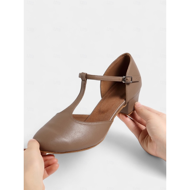 Taupe T-Strap Women's Mary Jane Pumps with Low Block Heel - Perfect for Ballroom and Latin Dancing